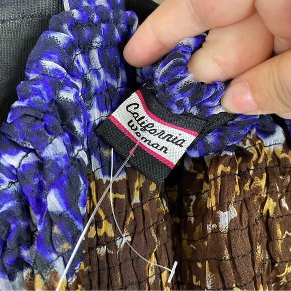 California Woman Blue Brown Leopard Animal Print Sleeveless Summer Dress L - Picture 8 of 9